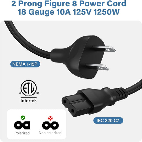 Elecan 2-Prong 2 1-15P 320 C7 2 Replacement Vizio LED TV Power Cord Ft, NEMA to Polarized IEC AC Supply Wall Cable Slot