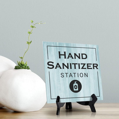 (5" 5) Signs ByLITA Hand Sanitizer Station, Wood Color, Square Table Sign x