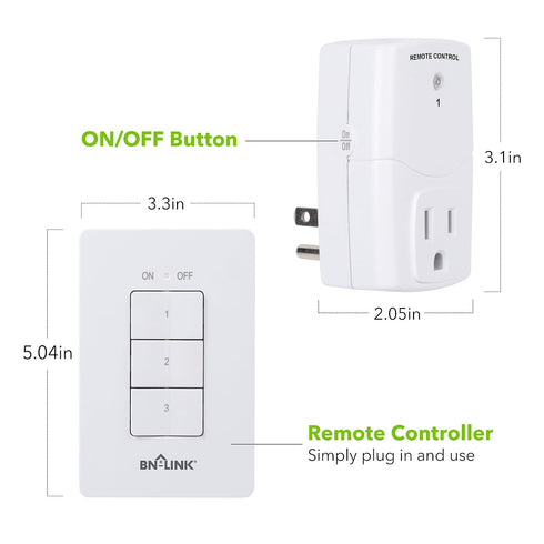 Bulbs, (3 BN-LINK Mini Wireless Wall-Mounting Remote Control Outlet Switch Power Plug in for Household Appliances