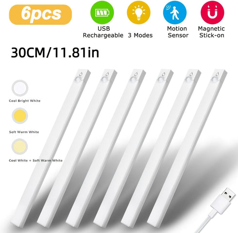 NBBUFF 6pcs Dimmable 3Color (3000K/4500K/6000K), 11.81" LED Motion Sensor Cabinet Lights, USB Rechargeable, Modes Night