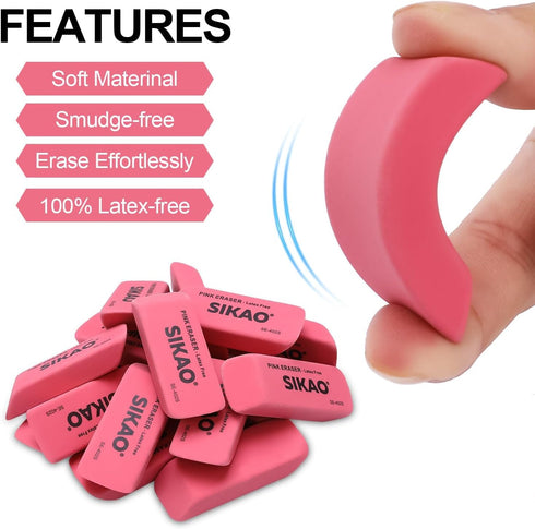 Pink Erasers 12 Pack - Latex Free Pencil Erasers for Kids, Rubber Art Erasers for Classroom Essentials