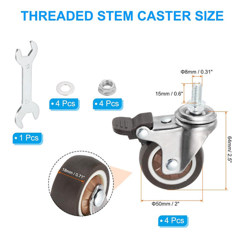 2 Inch 4 Pack 360 M8 15 mm 231 Lbs PATIKIL Stem Casters Wheel with Brake, Low Profile TPR Threaded Swivel Wheel Quiet