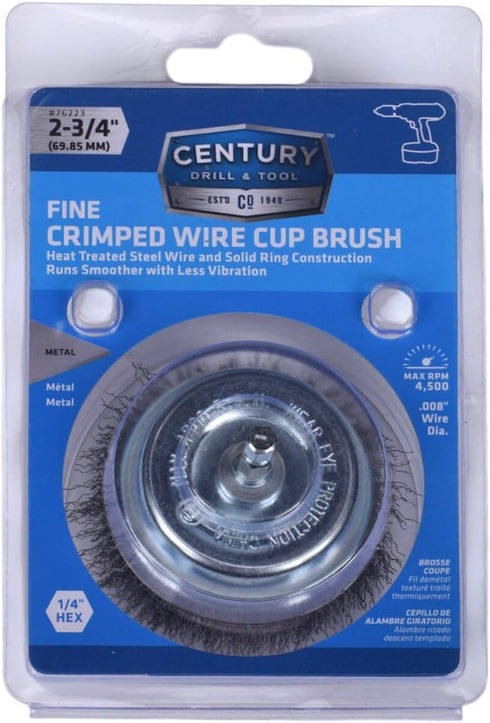 Century Drill & Tool 76223 Fine Crimped Cup Wire Brush, 2-3/4" for Rust, Paint, and Weld Spatter Removal