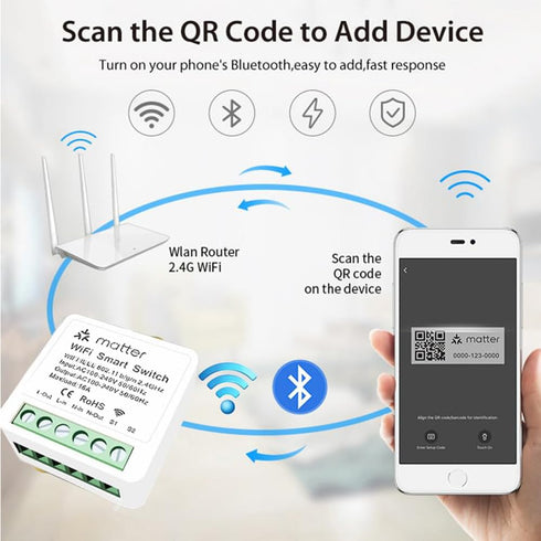 Matter Smart Switch, 16A Mini WiFi Relay Module, DIY Wireless Light Switch, Timer & Schedule, Compatible with Home