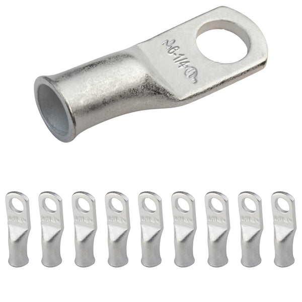 SELTERM 10pcs 6 AWG-1/4 Stud Tinned Copper Wire Lugs, Heavy Duty Battery Cable Ends, UL Marine Grade Copper Eyelets