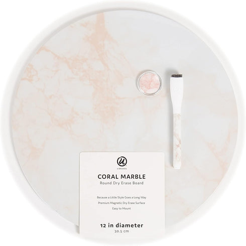 U Brands Magnetic Round Coral Marble Dry Erase Board, 12” Diameter, Includes Marker