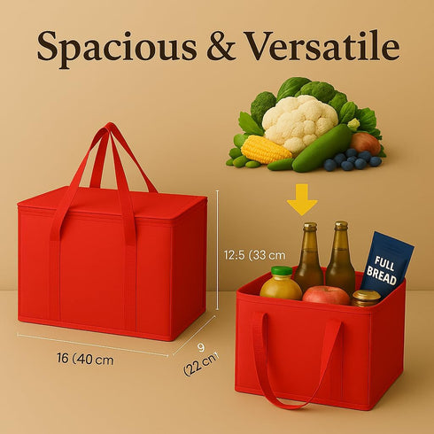 2-Pack musbus XL-Large Insulated Grocery Shopping Bags, Red, Reusable, Heavy Duty, Zipped