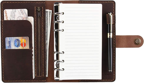 Leather Writing Journal Notebook, A6 Personal Size Traveler's Notebook with Pockets, 6 Ring Binder Planner