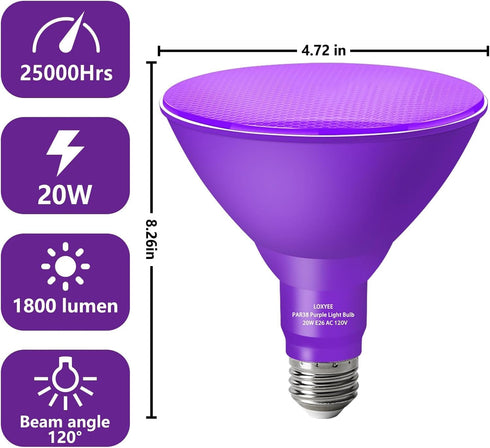 LOXYEE PAR38 Bulbs,2 Pack Dimmable,E26 Outoor(20W 200W),Halloween Bulb Flood Orange Purple Light Base Purple Orange