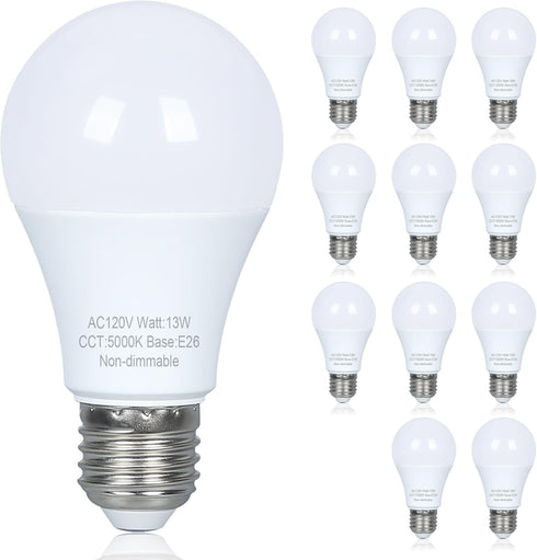12 Pack LED Light Bulbs, 100 Watt Equivalent, Efficient 13W, Daylight White 5000K, E26 Medium Base, A19, Non-Dimmable