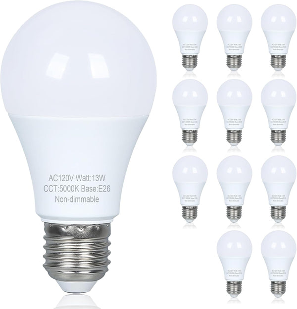 12 Pack LED Light Bulbs, 100 Watt Equivalent, Efficient 13W, Daylight White 5000K, E26 Medium Base, A19, Non-Dimmable