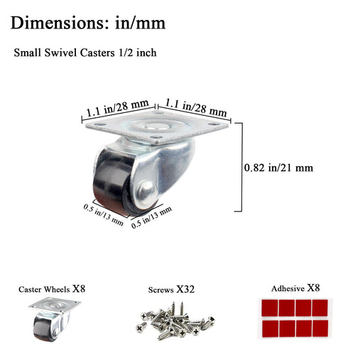 Mini Caster Wheels, 0.5 Inch Low Profile Nylon Tiny Swivel Casters, 8 Pack for Small Appliances