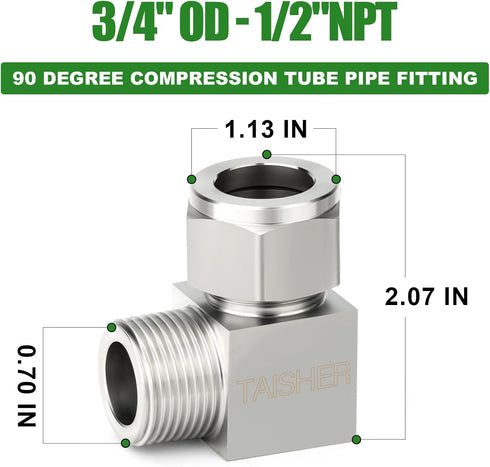 TAISHER 2PCS 304 Stainless Steel Square 90 Degree Compression Tube Pipe Fitting Connector, 3/4" Tube OD x 1/2" NPT Male