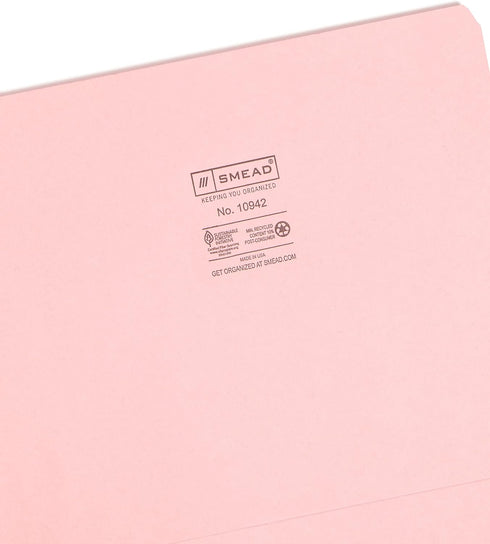 Smead File Folder - Straight-Cut Tab, Letter Size, Pink - 100 per Box (10942)