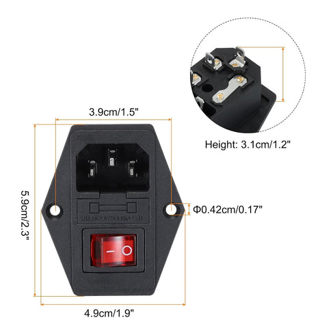 MECCANIXITY Power Switch 10A 250V AC Rocker Switch 3 Pin IEC320 C14 Inlet Male Power Socket, Pack of 1