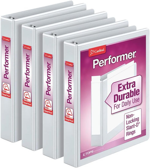Cardinal Performer 3-Ring Binders, 1", Non-Locking Slant-D Rings, 240-Sheet Capacity, ClearVue Presentation, PVC-Free,