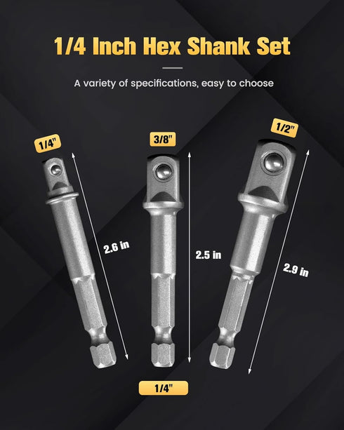 BOEN Impact Grade Socket Adapter Set, 3-PCS Drill Bit Adapter with Bit Holder, Sizes 1/4", 3/8", 1/2", 1/4-Inch SAE Hex Shank, Cr-V, for Cordless Drill & Screwdriver, Power Drill & Driver