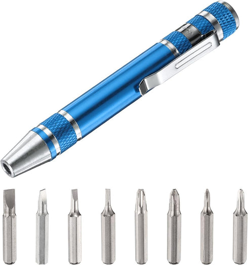8 in 1 Mini Pocket Pen Screwdriver Set, CR-V Multi-Function Magnetic Screw Driver with Phillips and Flat Head Bits, Blue