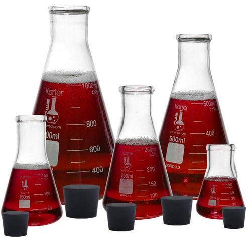 Glass Flask 5 Piece Set, Narrow Mouth Erlenmeyer, Borosilicate 3.3 Glass - 50ml to 1000ml