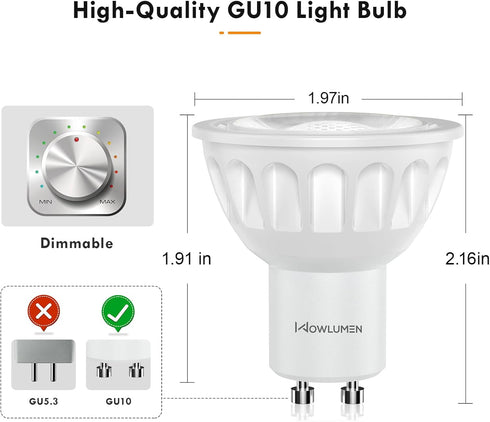 GU10 LED Light Bulbs, 5W 500LM, 3000K Warm White, Dimmable MR16 Replacement for Recessed Lighting, 6 Pack