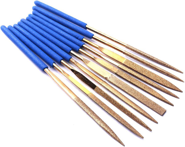 ATOPLEE Mini Diamond Needle File Set - 10pcs 3x140mm Titanium Coated Files for Metal Glass Wood