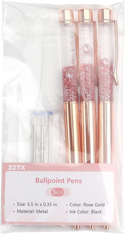 ZZTX 3 Pcs Rose Gold Ballpoint Pens, Bling Dynamic Liquid Sand Pen with Refills, Office Supplies Gift Pens