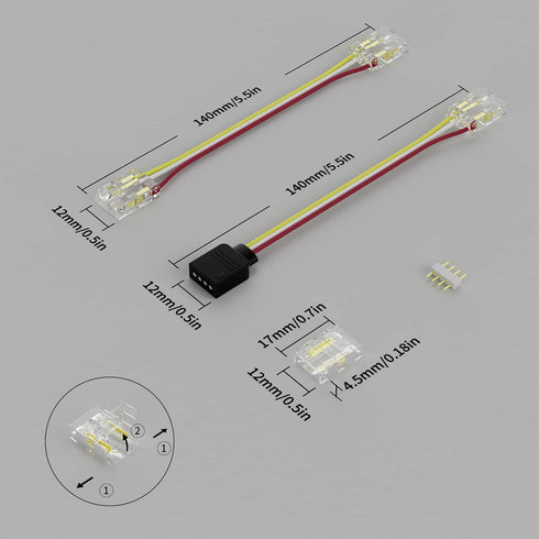 PAUTIX 10mm Connectors for CCT COB LED Strip Light, 4pcs Dual End Extension Connectors, 2pcs DC Plug Extension Wire