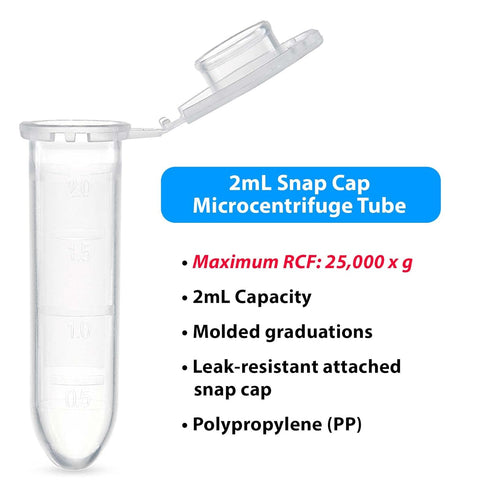 Globe Scientific 111568 Polypropylene Graduated Microcentrifuge Tube, Snap Cap, Round Bottom, Natural, 2mL Capacity,