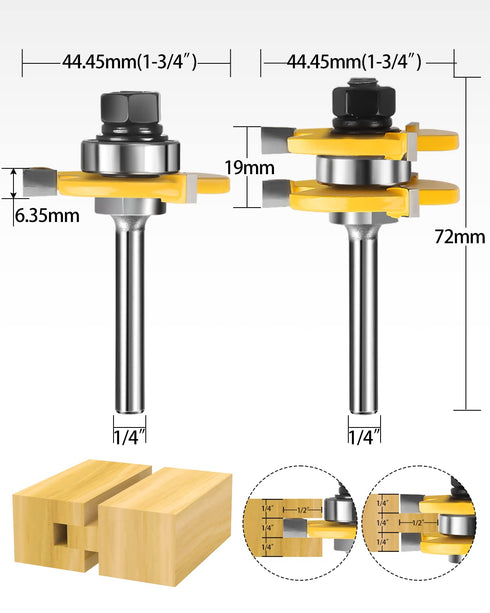 1/4-Inch Set 3 Pack Set, Shank Tongue and Groove Router Bits & Reversible Finger Joint Router Bit, Router Bit