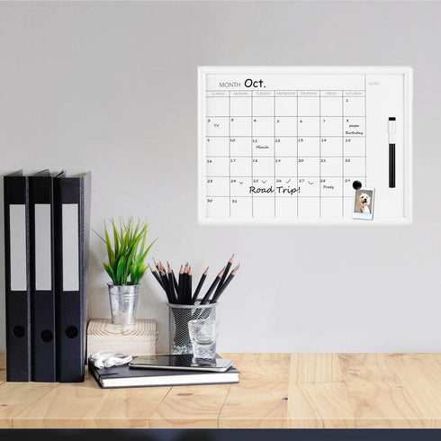 TORASO Dry Erase Monthly Calendar Board, Small Magnetic Planning Board with White Wood Frame for Office, School, Home,