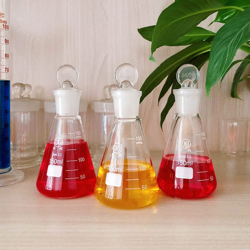 Scientific 150ml Erlenmeyer Conical Flasks Set - Graduated 3.3 Borosilicate Glass with Ground Glass Stoppers, Pack of 3