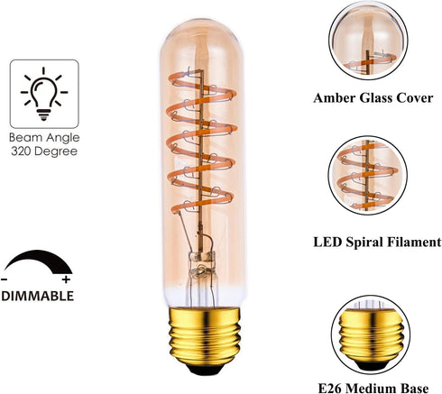 T10 LED Bulbs, 40 Watt Equivalent, 4W Dimmable Edison Tubular Light Bulb, E26 Medium Base, 2700K, 2 Pack