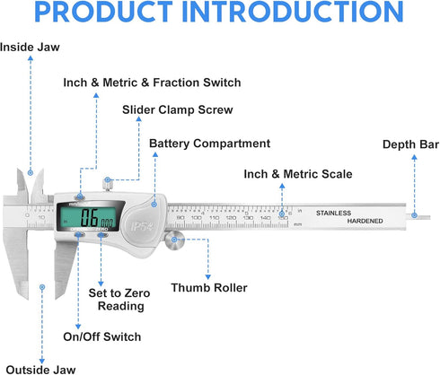 Digital Caliper Measuring Tool: IP54 Waterproof Electronic Micrometer with Large LCD Screen, 6 Inch