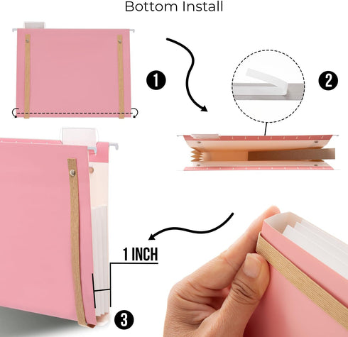 Y YOMA 6 Pack Extra Capacity Hanging File Folders with Handle, Cute Pink Accordion Decorative Folder with 1/5-Cut