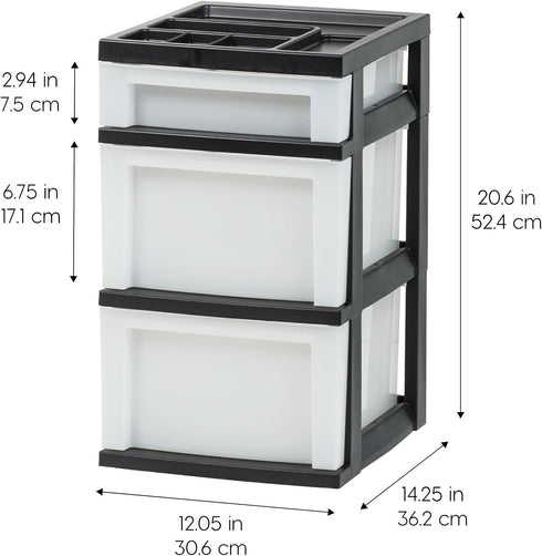 IRIS 3 Drawer Storage Cart, Plastic Organizer for Classroom Supplies, Art Supplies, Small Parts (Pearl/Black)