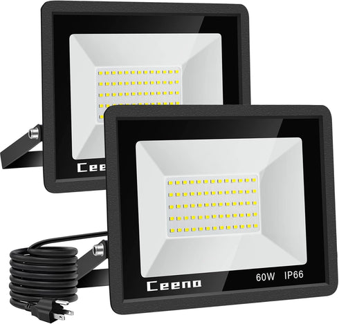 Ceena 2 Pack 60W Plug in LED Flood Light Outdoor, 6000lm Super