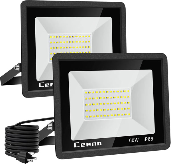 Ceena 2 Pack 60W Plug in LED Flood Light Outdoor, 6000lm Super