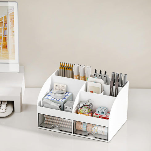 Desk Organizer with 6 Compartments and 2 Drawers, Plastic Makeup Organizer, Pen Holder for School, Home, Office