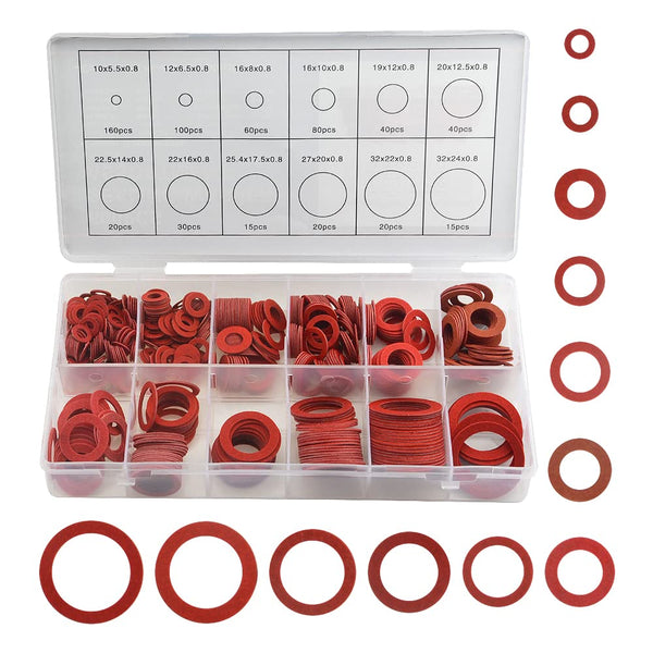 XINGYHENG 600Pcs Fiber Flat Washer Assortment Kit, 12 Sizes, Red Steel Paper Insulation for Plumbing Automotive Repair
