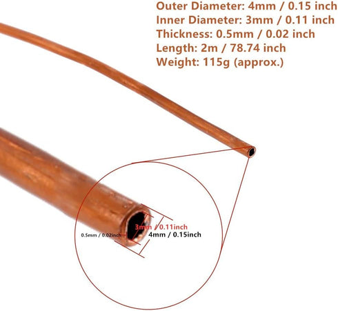 2M Soft Copper Tube Pipe Roll, OD 4mm x ID 3mm for Refrigeration Plumbing