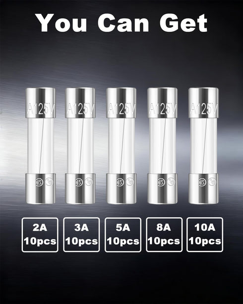 50 5 20 mm (0.2 0.79 125 (2A 3A 5A 8A 10A) Riseuvo PCS Fast-Acting Glass Fuses - x x in), V Quick-Blow Assortment Kit