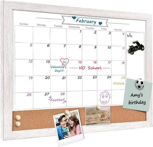 Whiteboard Calendar & Corkboard, 13" x 17" Combination Dry Erase White Board & Bulletin Board, White Wood Framed Calendar/Cork Combo Board(ZHYL-WH-3442) by TORASO