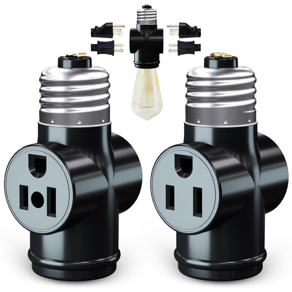 2 Pack Light Socket to Plug Adapter, Convert E26 Light Socket to 3-Prong Outlet Adapter and Light Bulb Socket (Black)