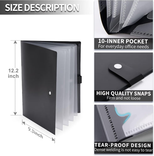 Cesil 10-Pocket File Folder, Letter A4 Project Organizer Folders with Snap Button, Plastic Document Organizer
