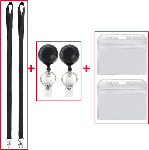 YOUOWO 2 Pack Lanyard with ID Badge Holder, Retractable Lanyard Black with Card Holders, Waterproof
