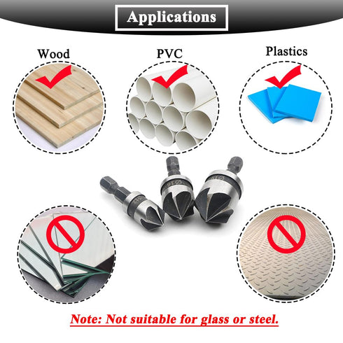 3Pcs Countersink Drill Bits - 90 Degree Chamfering Drill Bit Set with 1/4'' Hex Shank for Woodworking, Carbon Steel