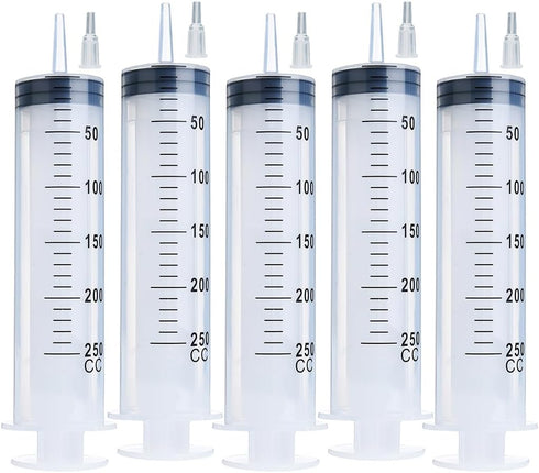 5pcs 250ml Large Syringe with Cap, Individually Sterile Sealed, Measuring Liquids, for Labs, Pets, Oil, Glue