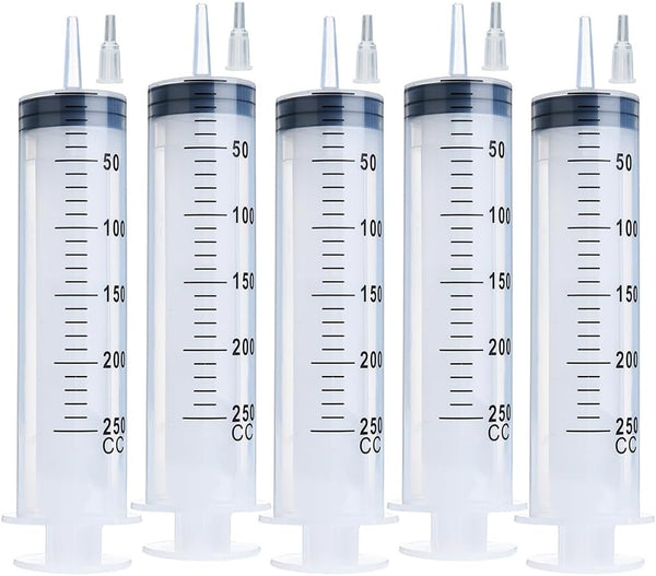 5pcs 250ml Large Syringe with Cap, Individually Sterile Sealed, Measuring Liquids, for Labs, Pets, Oil, Glue