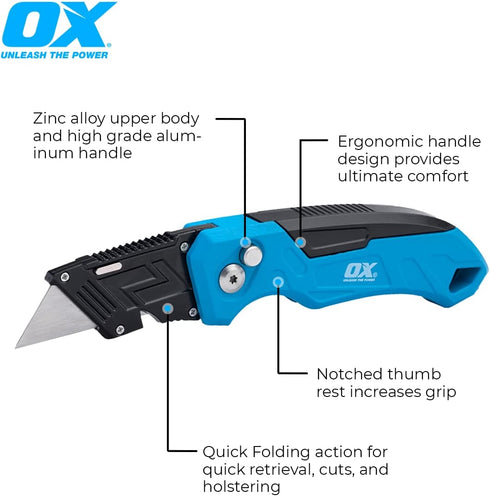 OX Tools Pro Heavy Duty Fixed Blade Folding Knife with Easy Change Blade Button - Quick Fold Action & Strong
