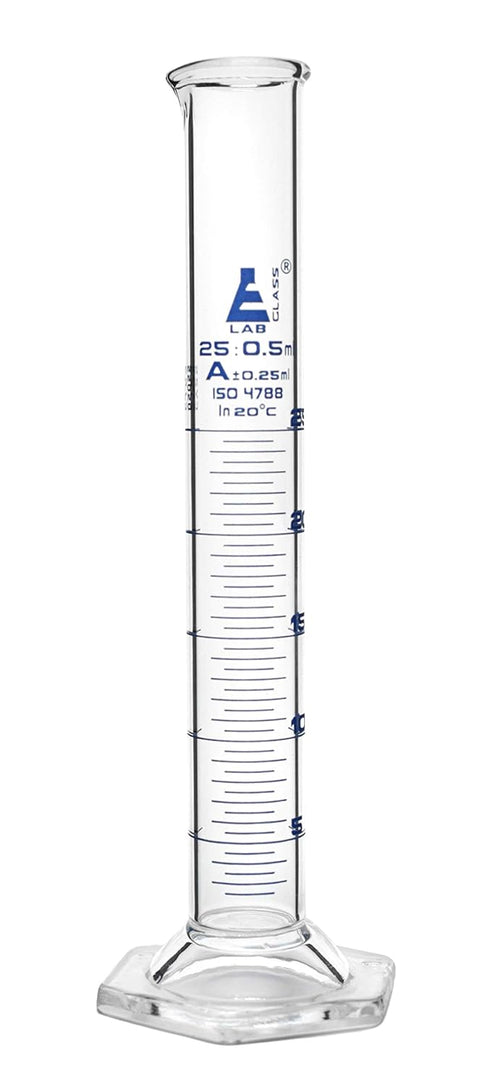 EISCO Graduated Cylinder, 25ml Class A Tolerance ±0.25ml, Hexagonal Base, Blue Graduations, Borosilicate Glass